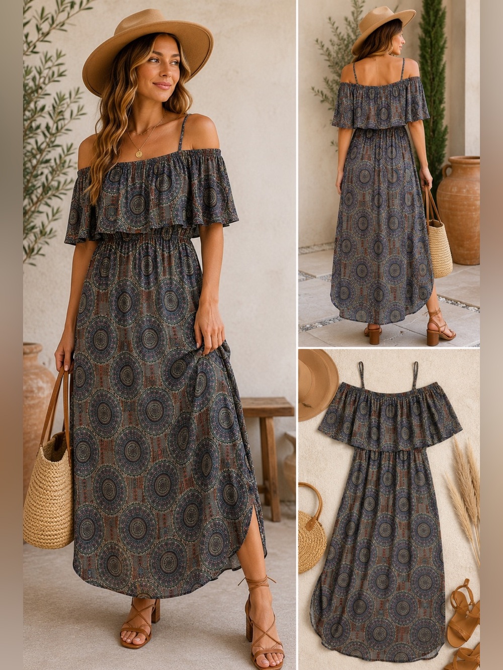 Cost Plus World Market Off-Shoulder Maxi Dress in Navy and Rust Medallion Print